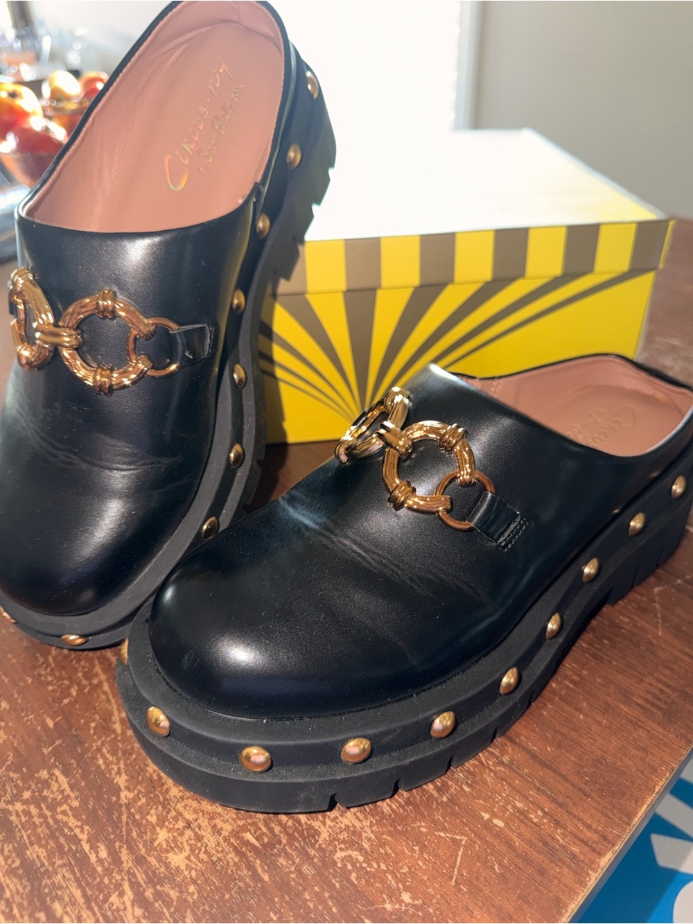 Circus NY by Sam Edelman Black Leather Slip-On Clogs with Gold Chain Accent - Picture 3 of 5